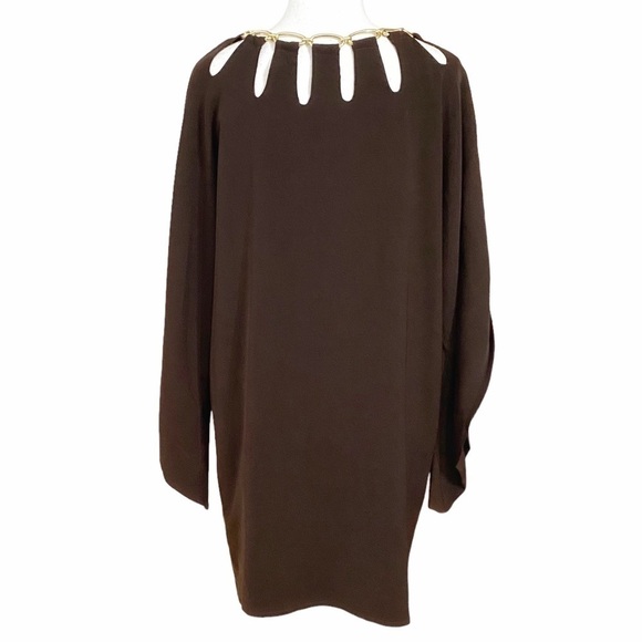 LANVIN PARIS BROWN GOLD METALLIC NECKLINE SHIFT DRESS - 40 (L) - Picture 3 of 11